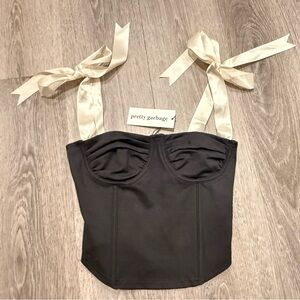PRETTY GARBAGE Sexy Cute Black Corset Top Cream Satin ribbon Straps NWT Sz Med